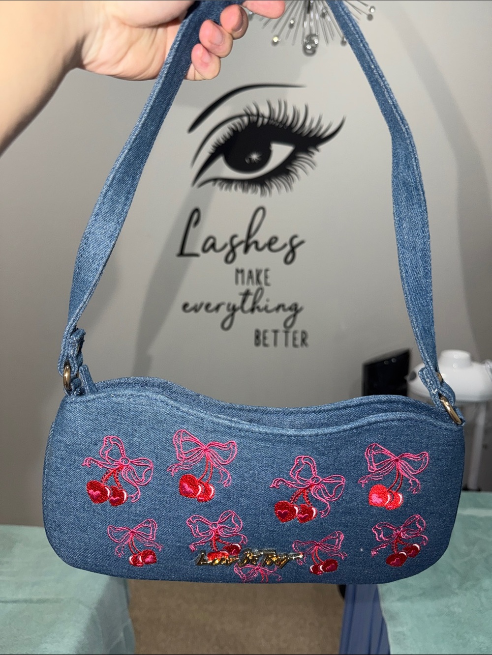 Denim Mini Shoulder Bag with Red Cherry Embroidery